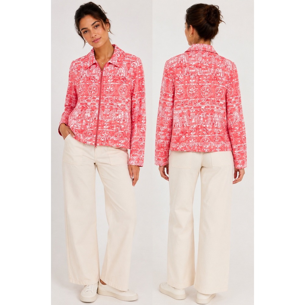 Clara Sun Woo L Coral Abstract Jacket Cotton Stretch 2 Way Zip Art To Wear Artsy